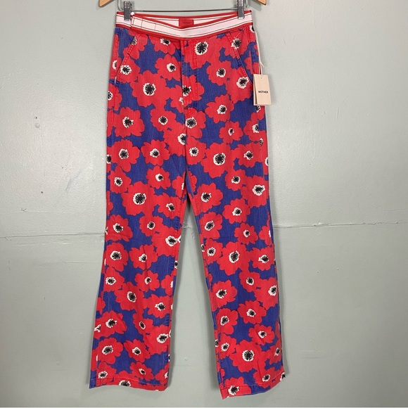 MOTHER The Let It Rip Maven Sneak Pop Art Poppies Floral Blue Red Sz 27 Wide Leg - Picture 2 of 7